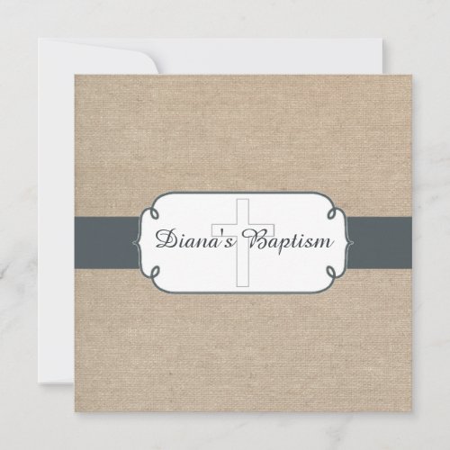 Rustic Blue Gray &amp; Beige Burlap Baptism Invitation