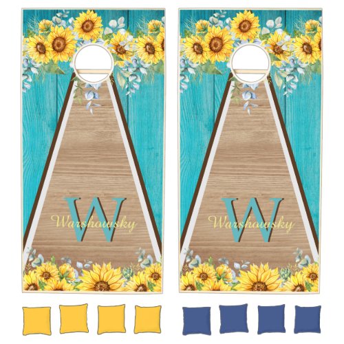 Rustic Blue Gray Wood Wedding Budget Sunflower Cornhole Set