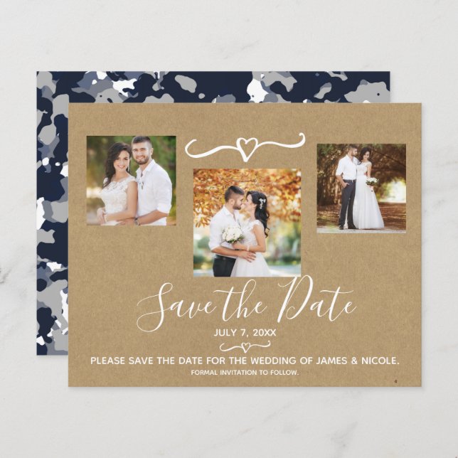 Rustic Blue Grey Camo Kraft Photo Save the Date (Front/Back)