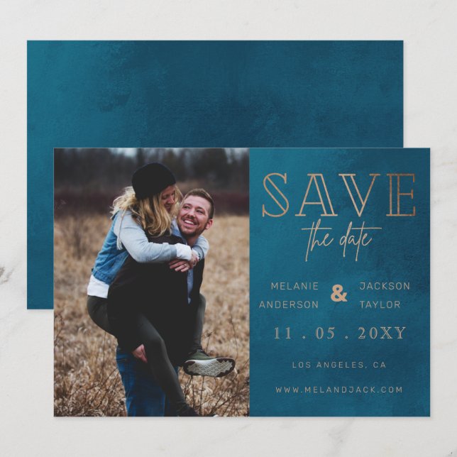 Rustic Blue Handwritten Photo Save the Date (Front/Back)