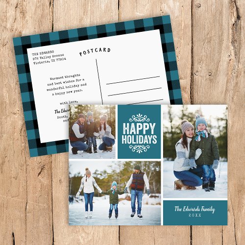Rustic Blue Happy Holidays 3 Photo Collage Holiday Postcard