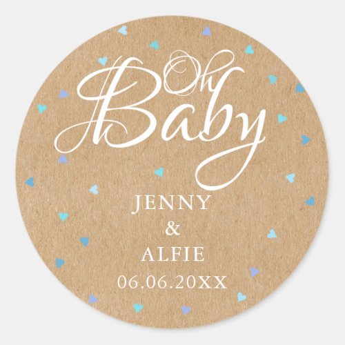 Rustic Blue Hearts Oh Baby Couples Baby Hhower Classic Round Sticker