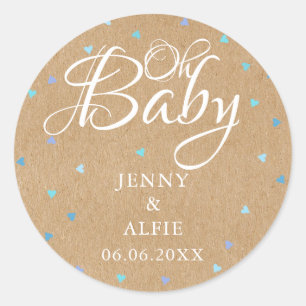 Rustic Blue Hearts Oh Baby Couples Baby Hhower Classic Round Sticker
