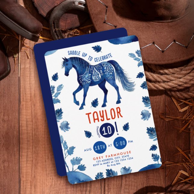 Rustic Blue Horse Pony Western Watercolor Party Invitation (Creator Uploaded)