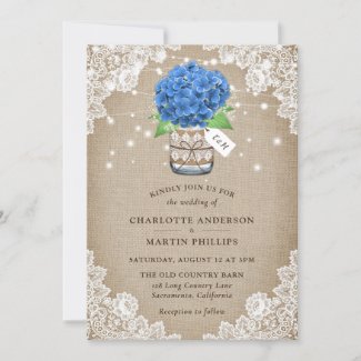 Rustic Blue Hydrangea Burlap Lace Wedding Invitation