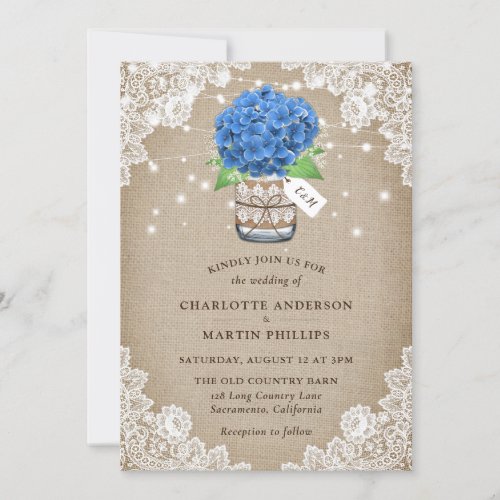 Rustic Blue Hydrangea Burlap Lace Wedding Invitation