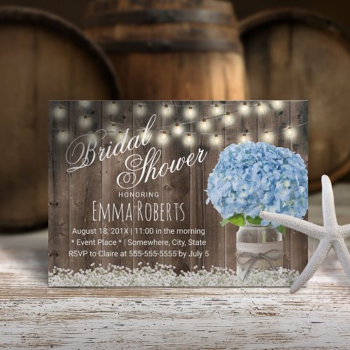Rustic Blue Hydrangea Floral Jar Bridal Shower Invitation
