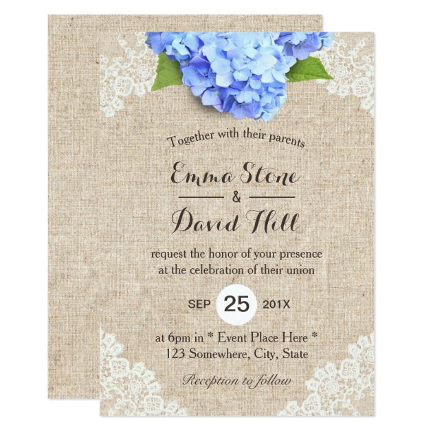 Rustic Blue Hydrangea Floral Lace & Burlap Wedding Invitation