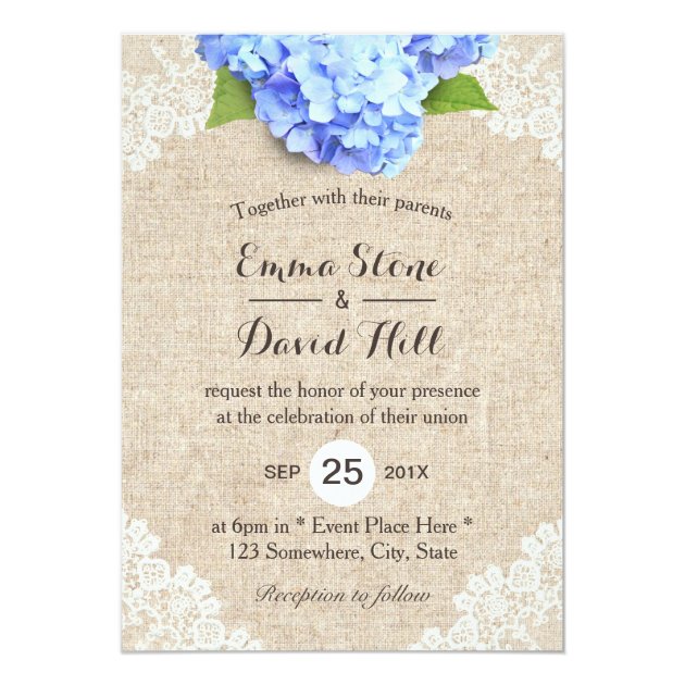 Rustic Blue Hydrangea Floral Lace & Burlap Wedding Invitation
