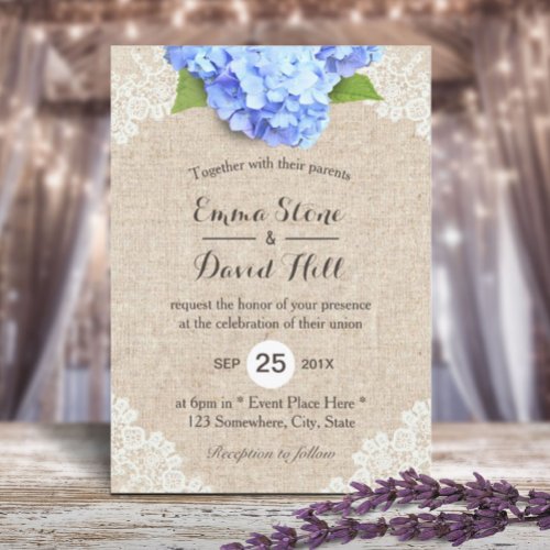 Rustic Blue Hydrangea Floral Lace  Burlap Wedding Invitation