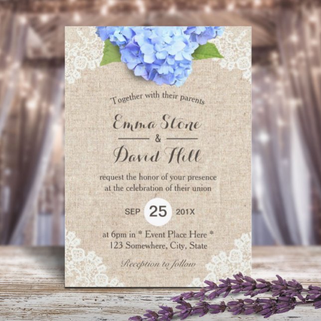 Rustic Blue Hydrangea Floral Lace & Burlap Wedding Invitation (Creator Uploaded)