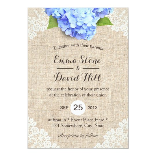 Rustic Blue Hydrangea Fl Lace Burlap Wedding Invitation Rustic Blue Hydrangea Fl Lace Burlap Wedding Invitation