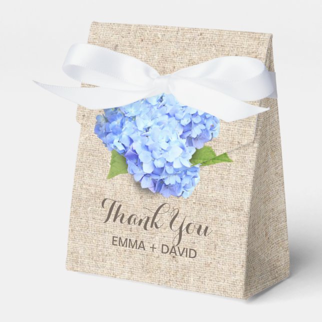 Rustic Blue Hydrangea Flower Burlap Thank You Favor Boxes (Front Side)