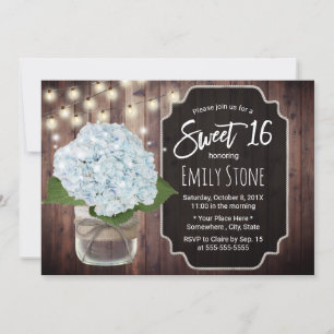Rustic Blue Hydrangea Flower Mason Jar Sweet 16 Invitation