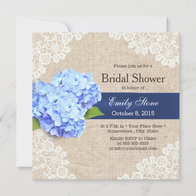 Rustic Blue Hydrangea Lace & Burlap Bridal Shower Invitation (Front)