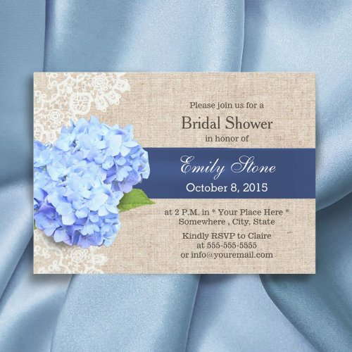 Rustic Blue Hydrangea Lace  Burlap Bridal Shower Invitation