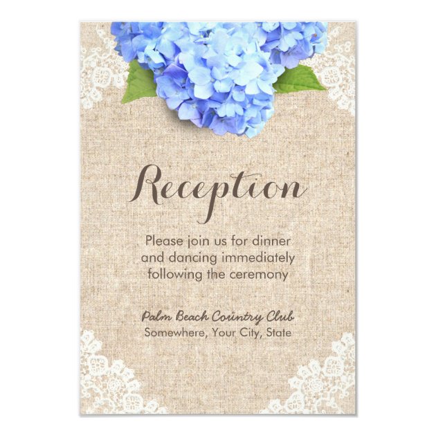 Rustic Blue Hydrangea Lace & Burlap Reception Card