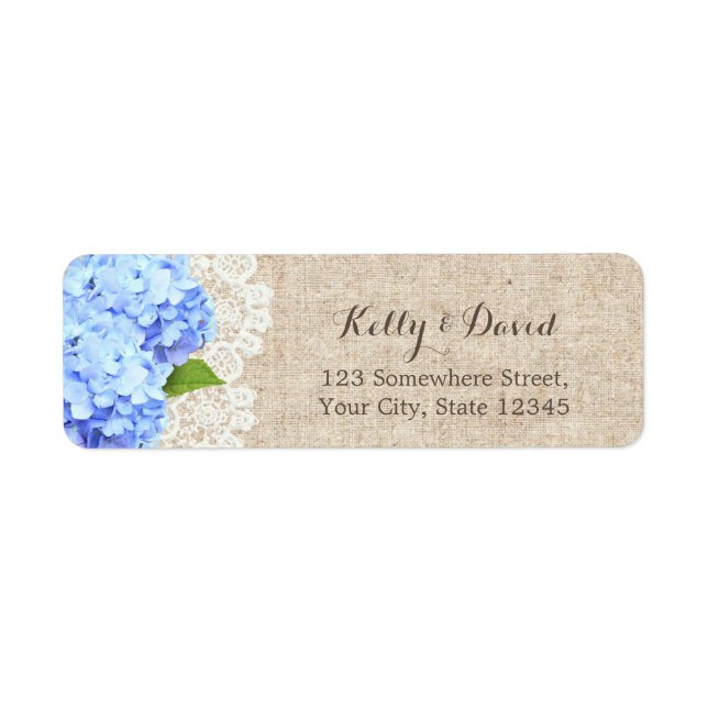 Rustic Blue Hydrangea Lace & Burlap Wedding Label (Front)
