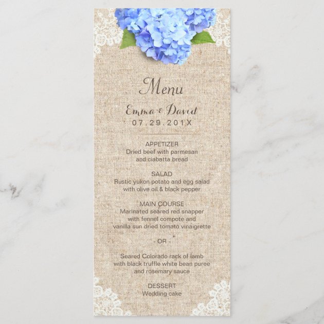 Rustic Blue Hydrangea Lace & Burlap Wedding Menu