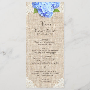 Rustic Blue Hydrangea Lace & Burlap Wedding Menu