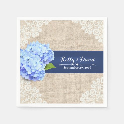 Rustic Blue Hydrangea Lace  Burlap Wedding Paper Napkins