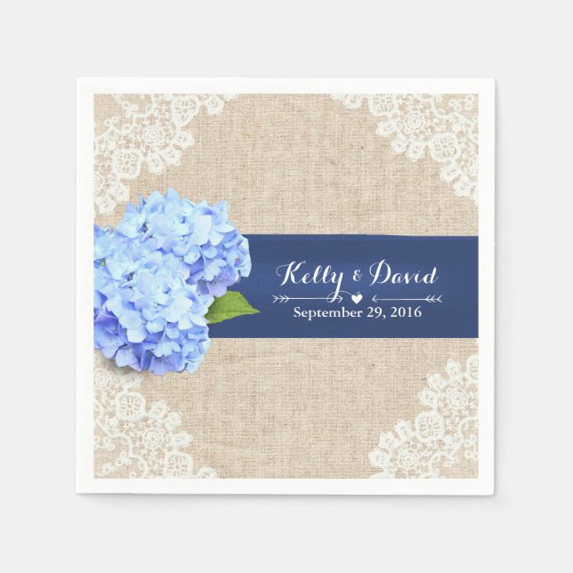 Rustic Blue Hydrangea Lace & Burlap Wedding Paper Napkins (Front)