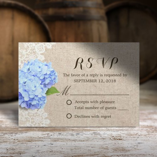 Rustic Blue Hydrangea Lace  Burlap Wedding RSVP