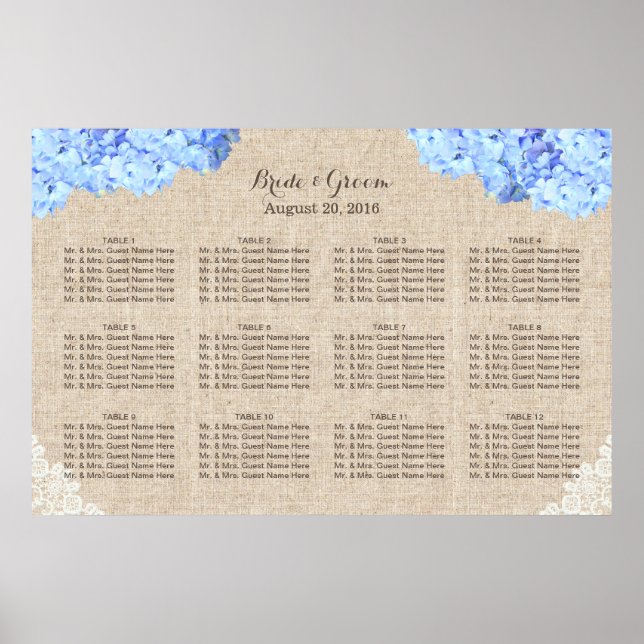 Rustic Blue Hydrangea Lace Burlap Wedding Seating Poster (Front)