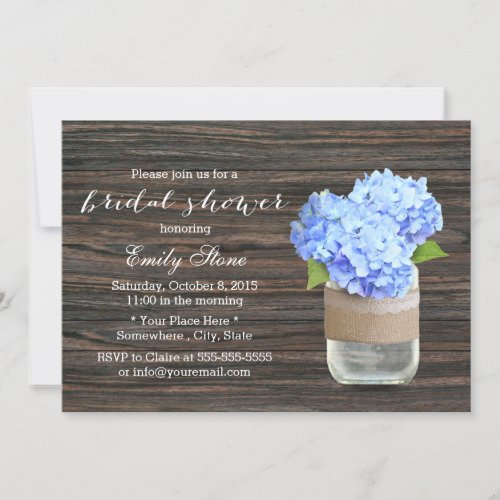 Blue Hydrangea Mason Jar Wood Bridal Shower 5x7 Paper Invitation Card