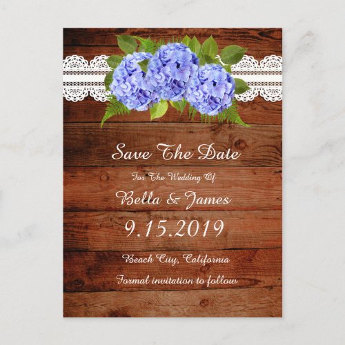Rustic Blue Hydrangea Save the Date Postcard