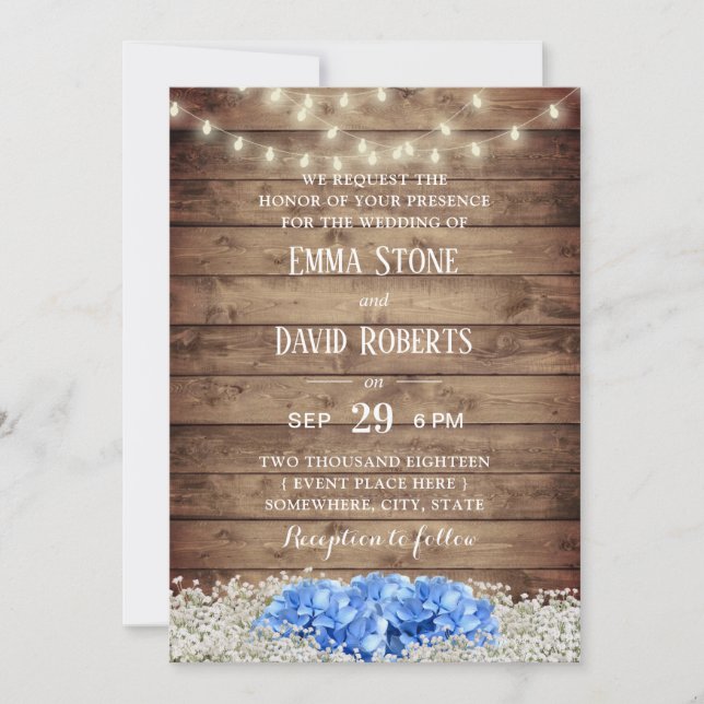 Rustic Blue Hydrangea & String Lights Wedding Invitation (Front)