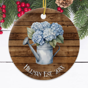 Rustic Blue Hydrangea Watering Can Personalized  Ceramic Ornament