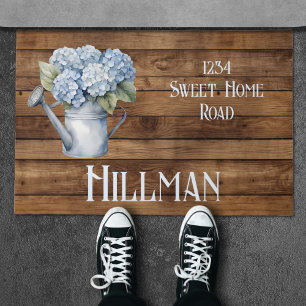 Rustic Blue Hydrangea Watering Can Personalized  Doormat