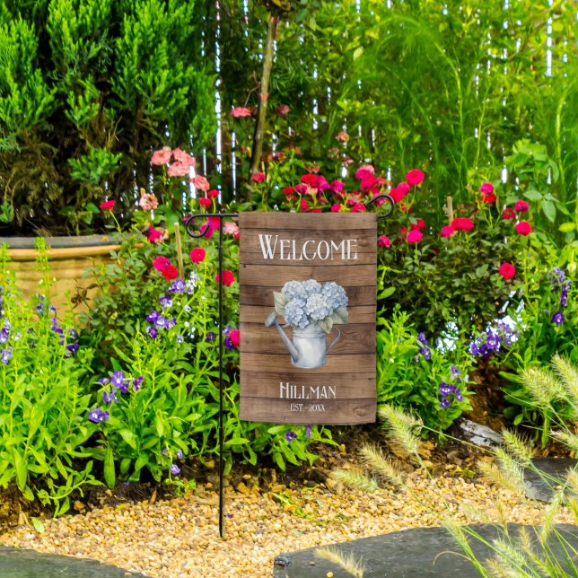 Rustic Blue Hydrangea Watering Can Personalized  Garden Flag (Rustic Blue Hydrangea Watering Can Personalized Garden Flag
)