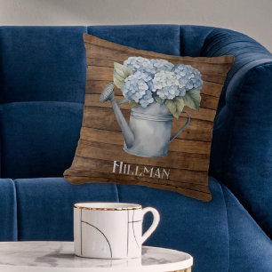 Rustic Blue Hydrangea Watering Can Personalized Throw Pillow