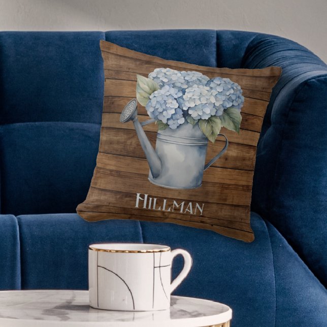 Rustic Blue Hydrangea Watering Can Personalized  Throw Pillow (Rustic Blue Hydrangea Watering Can Personalized Throw Pillow
)