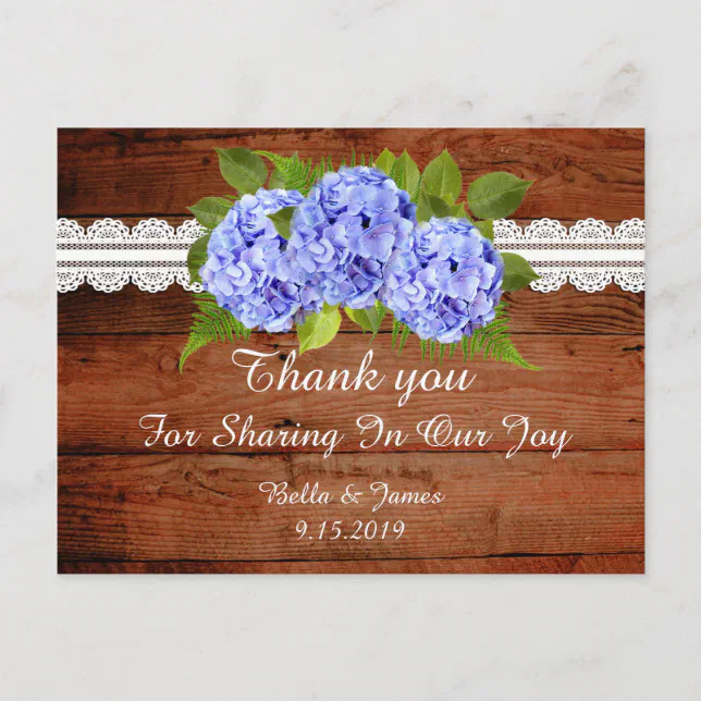 Rustic Blue Hydrangea Wedding Thank you Postcard | Zazzle