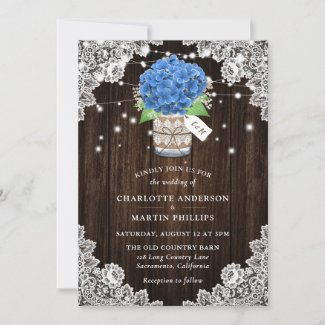 Rustic Blue Hydrangea Wood Lace Wedding Invitation