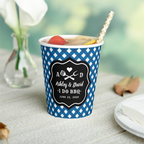 Rustic Blue I Do BBQ Custom Wedding Monogram Paper Cups