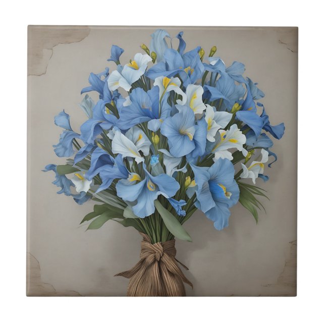 Rustic Blue Iris Bouquet Ceramic Tile (Front)