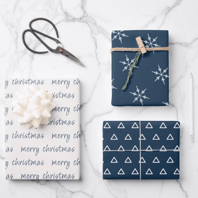 Rustic Blue Ivory Merry Christmas Snowflake Wrapping Paper Sheets (Front)