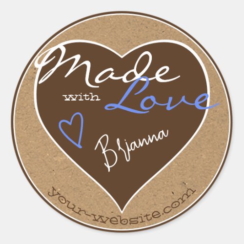Rustic Blue Kraft Paper Made with Love Heart Shape Classic Round Sticker