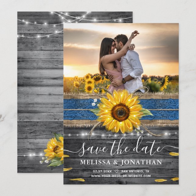 Rustic Blue Lace Sunflower Wedding Photo Save The Date (Front/Back)