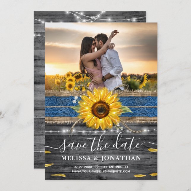 Rustic Blue Lace Sunflower Wedding Photo Save The Date (Front/Back)