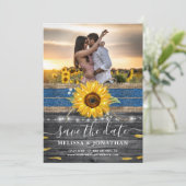 Rustic Blue Lace Sunflower Wedding Photo Save The Date (Standing Front)