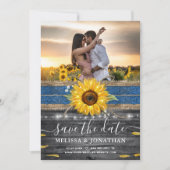 Rustic Blue Lace Sunflower Wedding Photo Save The Date (Front)