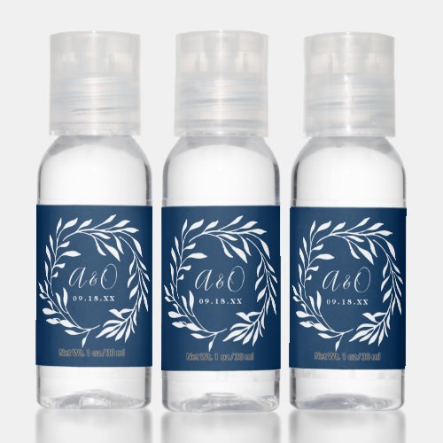 Rustic Blue Laurel Wreath Monogram Wedding Favor Hand Sanitizer