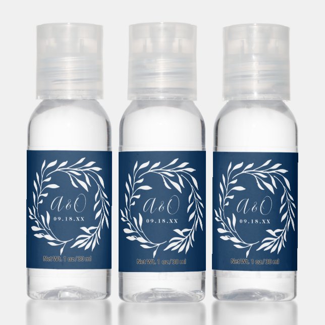 Rustic Blue Laurel Wreath Monogram Wedding Favor Hand Sanitizer (Set)