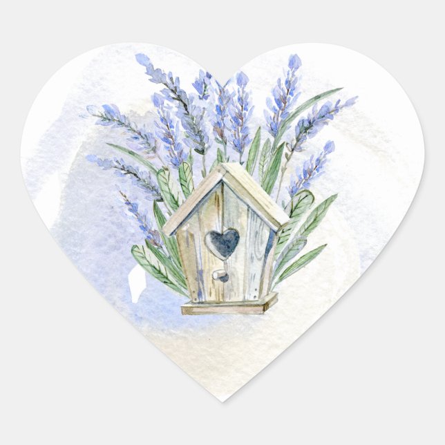 Rustic Blue Lavender Birdhouse Floral Heart Sticker (Front)