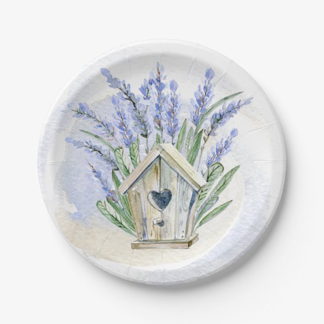 Rustic Blue Lavender Birdhouse Floral Paper Plates (Front)